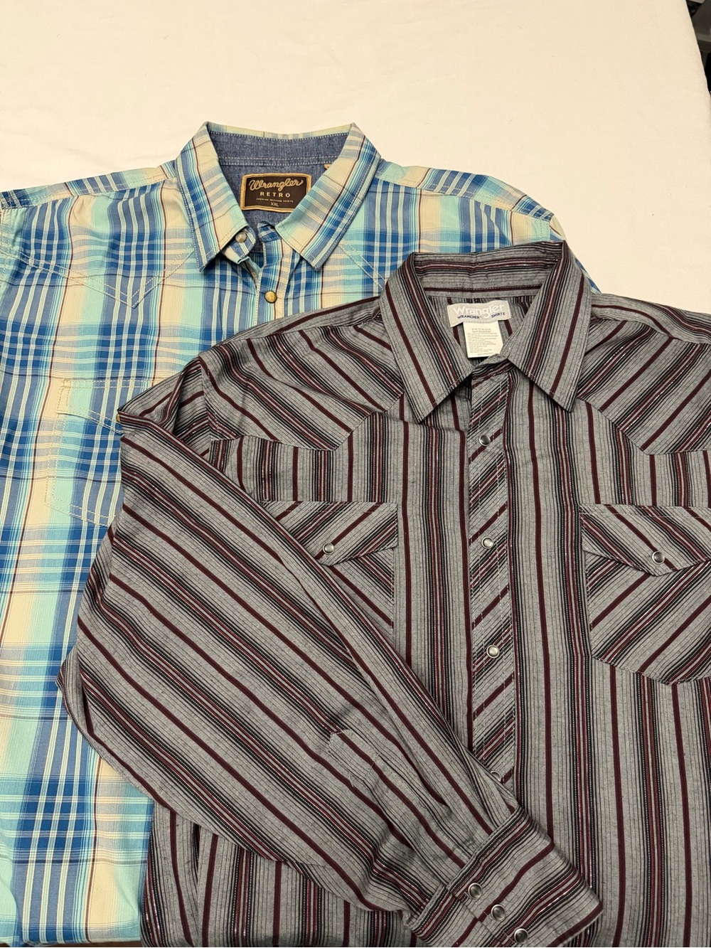 Wrangler Western pearl Snap Shirt Lot 2 Mens 2XL XXL Retro Plaid Striped Cowboy